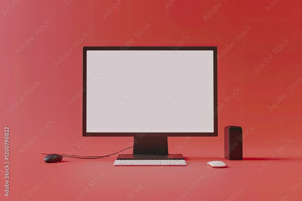 Poster desktop computer with blank screen with keyboard and mouse, 3d render illustration