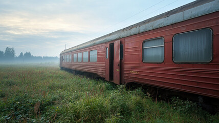 Obraz premium Forgotten train car in overgrown field, evoking nostalgia and mystery