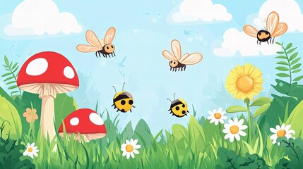 Buzzing with Joy: A delightful cartoon illustration depicting a vibrant springtime meadow with ladybugs, bees, and a red-and-white mushroom against a backdrop of sunny blue skies and fluffy clouds.