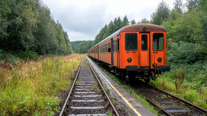 Obraz premium Abandoned orange train car on overgrown tracks in lush green field