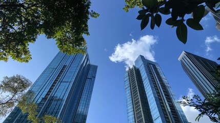 Skyscrapers, city, low angle, trees, blue sky, clouds, urban, development, advertising