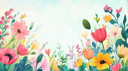 Vibrant Floral Watercolor: A delightful watercolor painting showcasing a profusion of colorful flowers in full bloom, creating a cheerful and vibrant springtime scene.