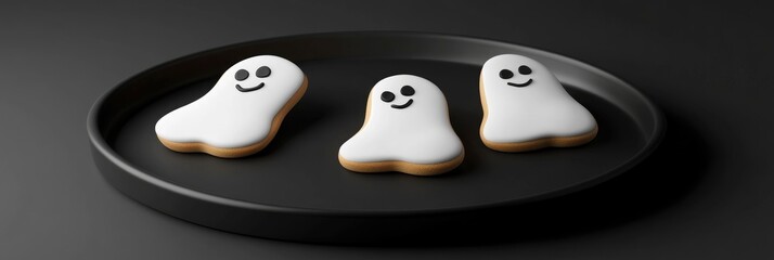 Cute ghost cookies on a black plate, a cute and creepy Halloween concept.