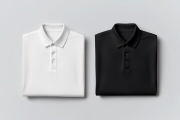 Folded black and white polo shirts on grey background, mockup