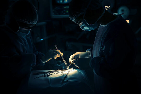 A dark and cinematic shot of doctors performing an operatio