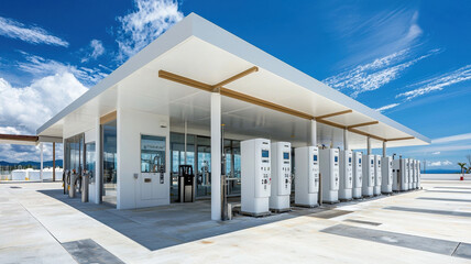 Eco friendly hydrogen production facility with modern design and clear skies