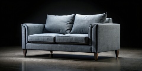 A gray sofa chair sharply in focus against a stark black background.