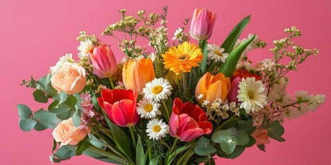 Colorful spring flowers in a bouquet, including tulips and daisies, set against a pink background for Easter or Mother's Day gifts.