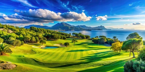 Obraz premium Alcanada Golf: Mallorca's stunning course boasts breathtaking fairway views and vibrant greens.