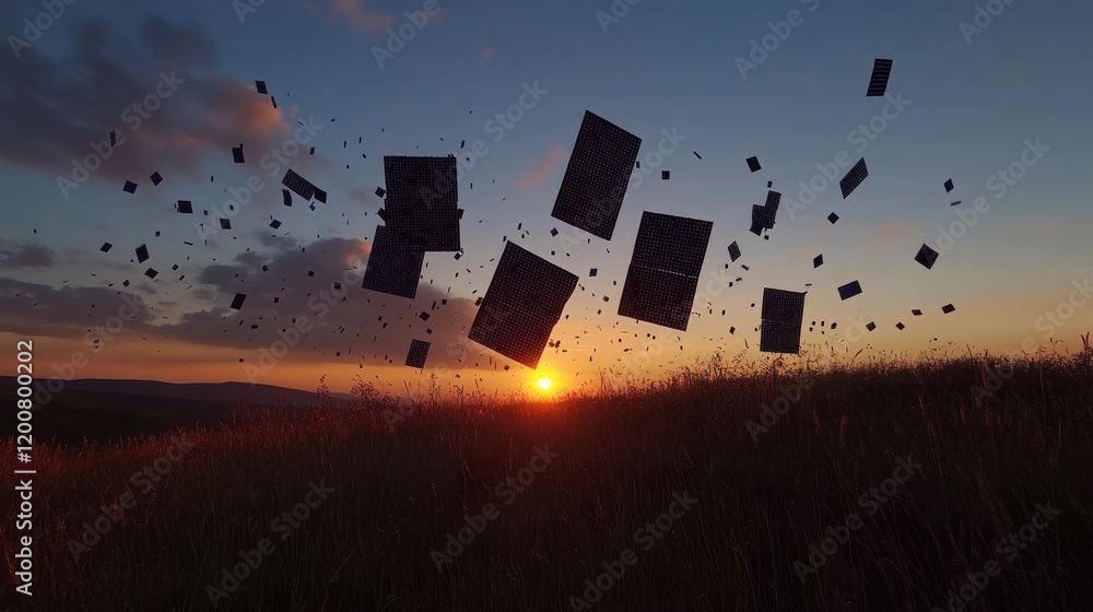 Poster sunset landscape with many black squares floating in the air.