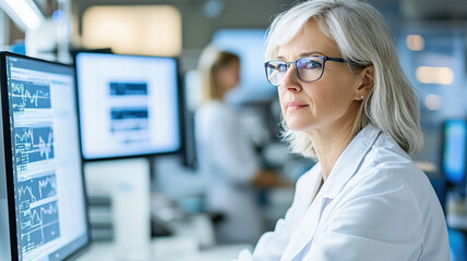 Focused financial analyst in modern office, analyzing data on screens