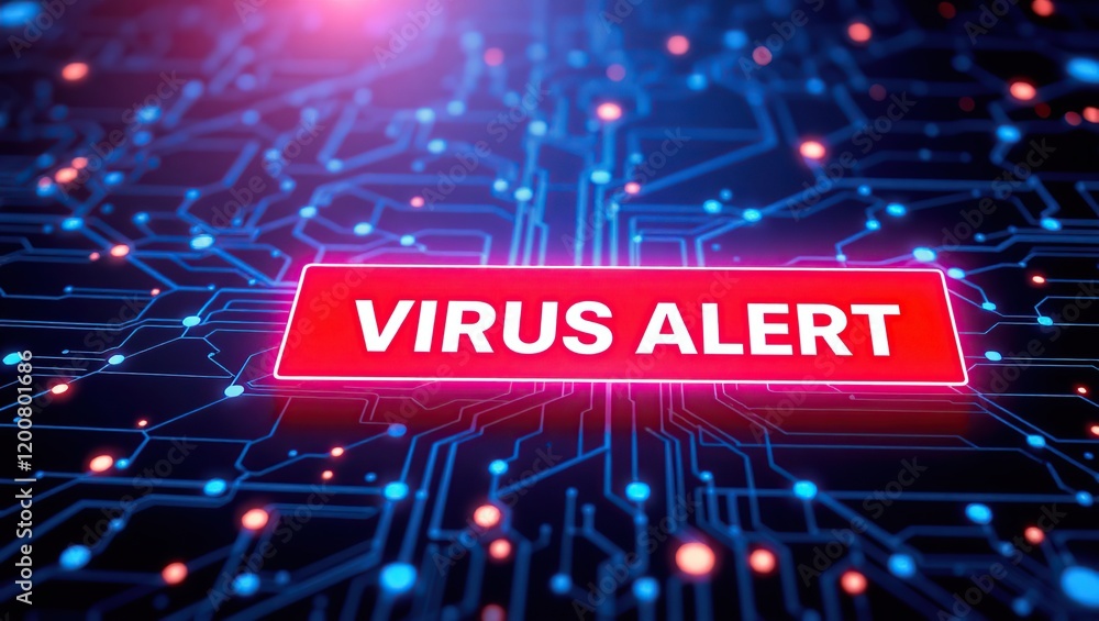 Poster virus alert displayed on a circuit board background