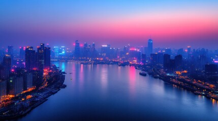 Fototapeta premium Cityscape at Dusk Vibrant Skyline Reflections Over a River