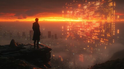 Fototapeta premium A futuristic scene showcasing a person overlooking a digital landscape at sunset.