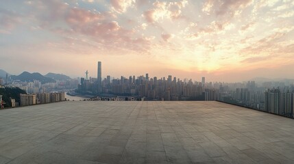 Naklejka premium Urban Dawn: A panoramic view of a bustling city skyline bathed in the golden light of sunrise, with an empty concrete platform in the foreground offering a sense of space and opportunity. 