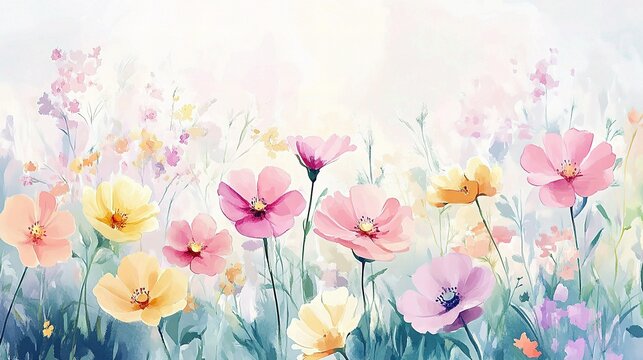 Pastel Meadow Dream: Delicate watercolor painting of a field brimming with pastel-colored flowers, evoking serenity and tranquility.  
