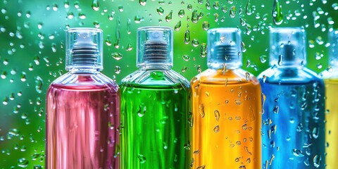 Four bottles of different colored liquids with a green bottle in the middle