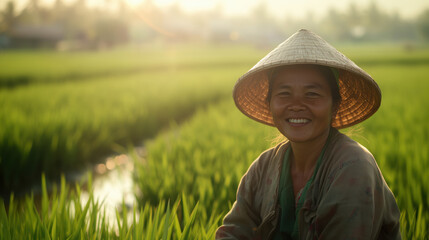 Obraz premium Cultivating rice rural vietnam portrait lush fields warm light