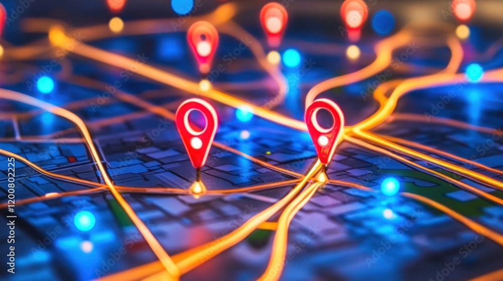 Aufkleber global navigation system: network of interconnected locations visualized with glowing map and gps ma