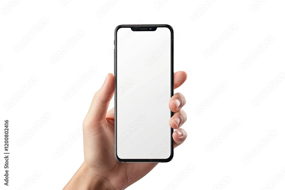 Poster sharp image of touchscreen smartphone in hand on a white background 3d rendering