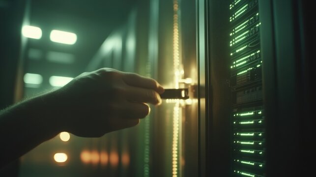 IT Technician Connecting Drive in Modern Server Room - Powered by Adobe