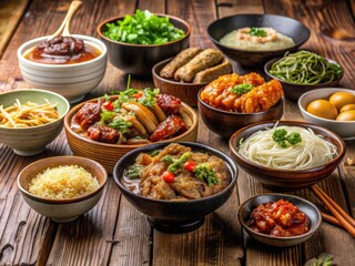 Obraz premium A vibrant Taiwanese feast: noodles and rice bowls, close-up side view.