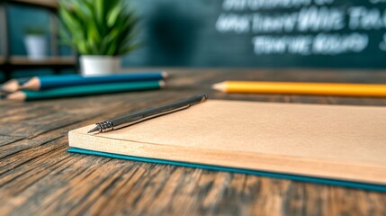 Fototapeta premium Empty Notebook Pencils Wooden Desk Classroom Setting