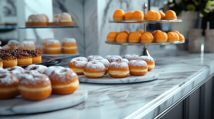 An elegant dessert spread with gourmet donuts and pastries, placed on a marble counter in a sophisticated, modern kitchen.