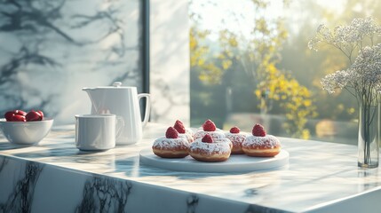 An elegant dessert spread with gourmet donuts and pastries, placed on a marble counter in a sophisticated, modern kitchen.