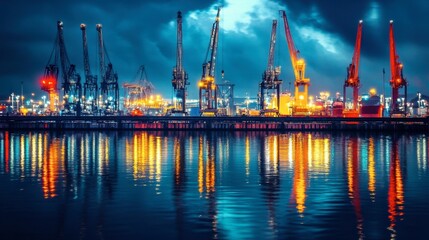 Fototapeta premium An industrial harbor at night, the busy scene of cranes and ships softened by the reflection of lights on the water.
