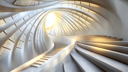 Fototapeta premium Spiraling White Staircase Ascending Towards Light