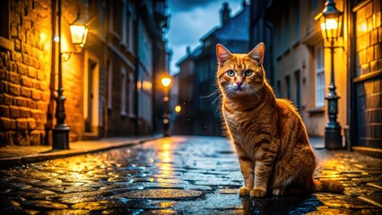 Capturing a ginger cat's elusive beauty: night street photography in urban alleys.