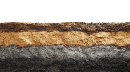 A detailed cross-section image reveals distinct layers of soil, showcasing various colors and textures from topsoil to bedrock.