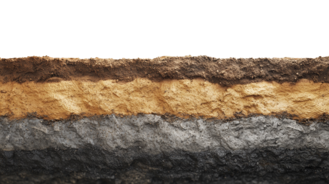 A detailed cross-section image reveals distinct layers of soil, showcasing various colors and textures from topsoil to bedrock.
