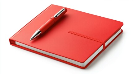 A bright red notebook with a matching pen on a clean white background, creating a bold and energetic setup.