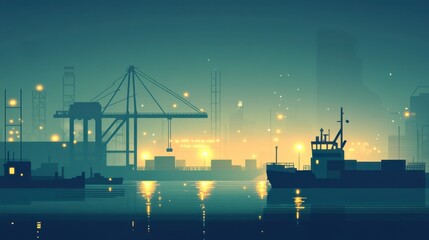 Fototapeta premium A bustling nighttime harbor with cargo ships docked and cranes lifting containers under bright industrial lights.