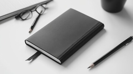 A chic and minimalistic flat lay with monochrome notebooks and sleek pencils, ideal for a modern and professional look.