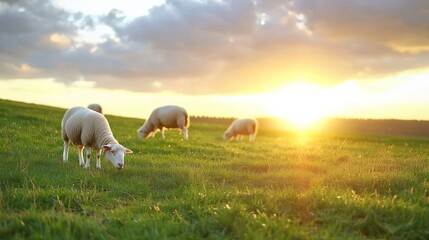 Fototapeta premium Sheep grazing in a lush field during a vibrant sunset.
