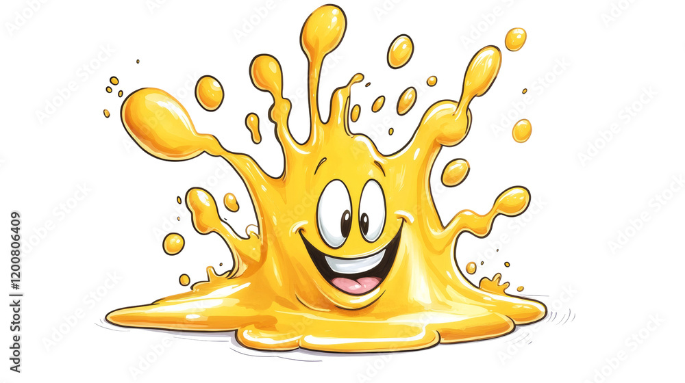 Poster a cheerful cartoon character depicted as a yellow liquid splash with a smiling face.