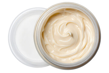 Open jar of pale yellow cream isolated with transparent background