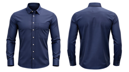 navy blue formal shirt mockup front and back view template isolated on transparent white background, clipping path