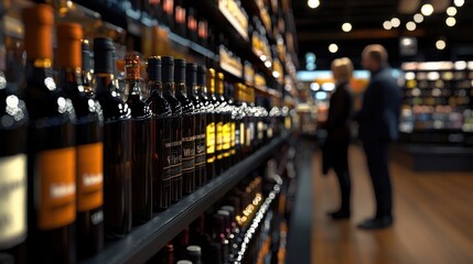 A man and a woman are standing in a liquor store