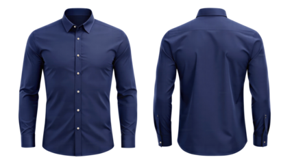 navy blue formal shirt mockup front and back view template isolated on transparent white background, clipping path