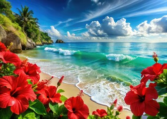 Crimson hibiscus blooms ablaze, overlooking a turquoise ocean panorama.