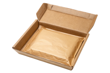 Open cardboard box with a paper envelope isolated with transparent background