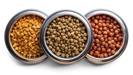 Fototapeta premium Crisp product shots: dry pet food in a metal bowl, showcasing top, half, and front views.