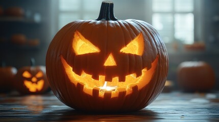 Fototapeta premium Glowing Jack-o'-Lantern Illuminates Cozy Kitchen for Halloween Festivities