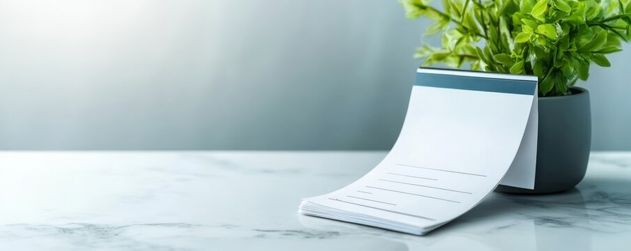 Desk calendar with a potted plant on a marble surface.