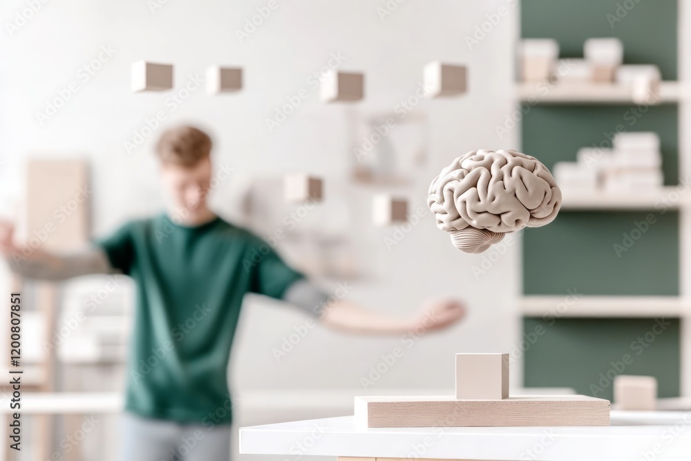 Aufkleber retrain your brain concept. floating brain amidst abstract blocks with a person in the background.