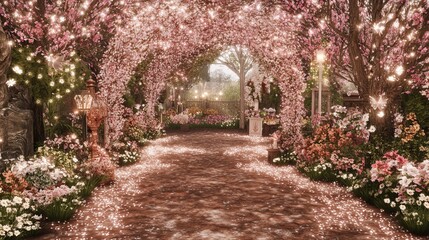 Obraz premium Enchanted Pink Blossom Garden Path Illumination